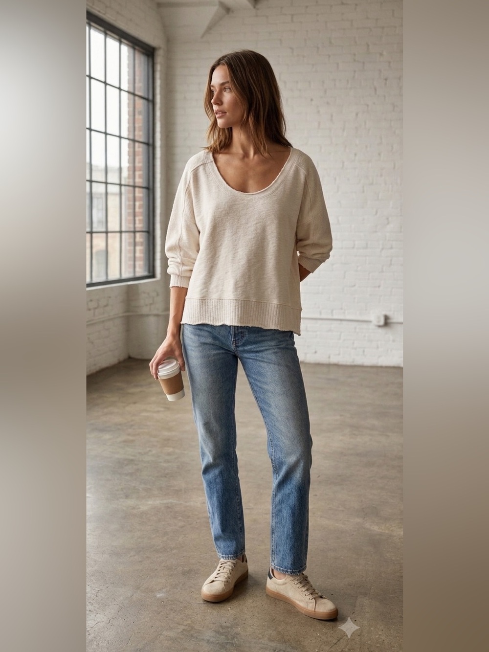 Madewell Women's Scoop Neck Cream Raw Hem Terrycloth Sweatshirt Oversized XS